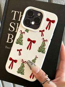Fashionable Cute Christmas Beige Litchi Texture Red Bow Christmas Tree Pattern Phone Case, Compatible With IPhone18/18Pro/18ProMax/17/17Pro/17ProMax/16/16Pro/16ProMax/15/14/13/12/11 - Beige - View 2