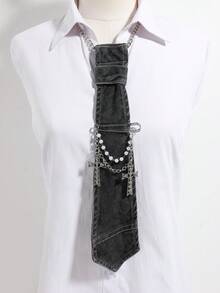 1 st tvättad denim-brosch med korsknut, strass- och pärlkedja, punkstil, skjortdekoration - Multifärgad - Visa 2