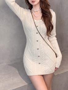 Women's Autumn/Winter Minimalist Elegant Sexy Style Lace Trim Dress - Beige - View 5