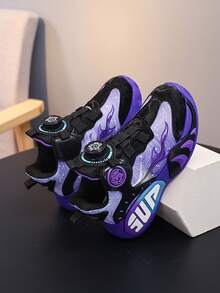 1 Pair PU Leather Kids' Sports Shoes, Boys' Basketball Shoes With Rotating Buckle, 2026 Spring New Style, Durable, Anti-Slip, Practical Athletic Shoes - Purple - View 2