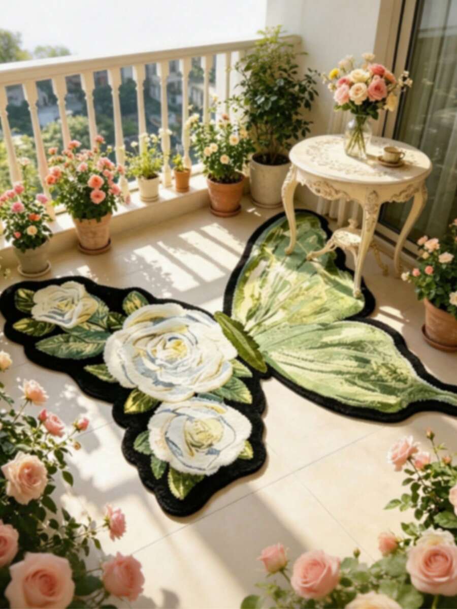 1件綠色與白色山茶花圖案蝴蝶造型小地毯，圓形地墊，居家裝飾，客廳圓墊，臥室床邊毯，客廳家居裝飾，門墊，歡迎墊，地毯 - 彩色 - 查看 1