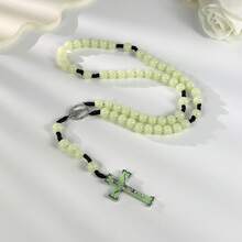 復古壓克力發光珠 59顆天主教玫瑰念珠項鍊，十字架吊墜，女性祈禱靈性珠寶項鍊 - 螢光綠 - 查看 2