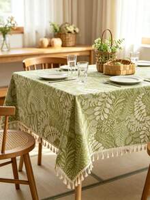 1pc Green Plant Pattern Tablecloth - Green Plant Pattern, Tassel Trim, Rectangular Design. Suitable For Spring/Summer Home Renovation, Easter Party, Kitchen/Dining Room Decor And Family Casual Meals. Outdoor Movie Night, Indoor Table Decor, Party Tablecloth Setup, Patio Leisure, Garden Party, Holiday Dinner And Casual Activities - Green B - View 1