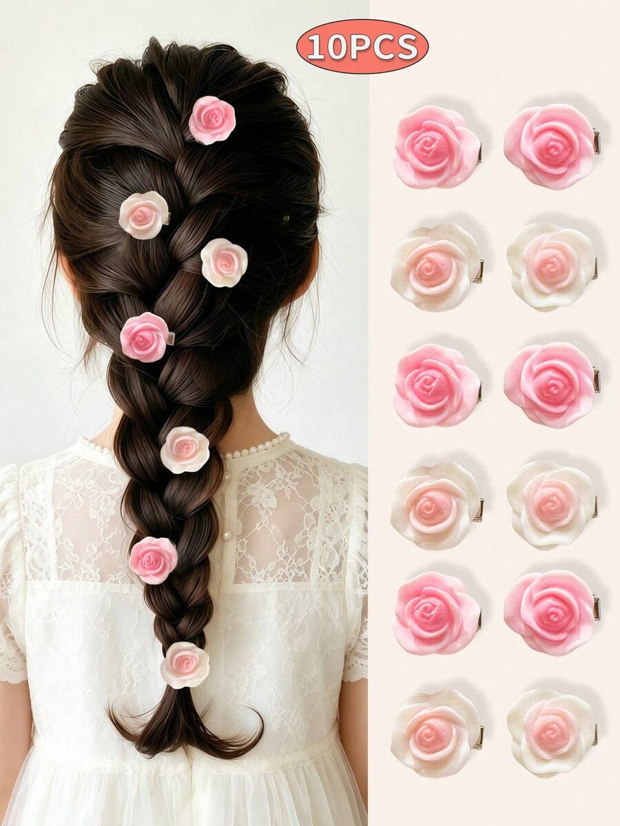 10pcs Pink & White Rose Flower Alligator Hair Clips, Sweet Cute Girl ...