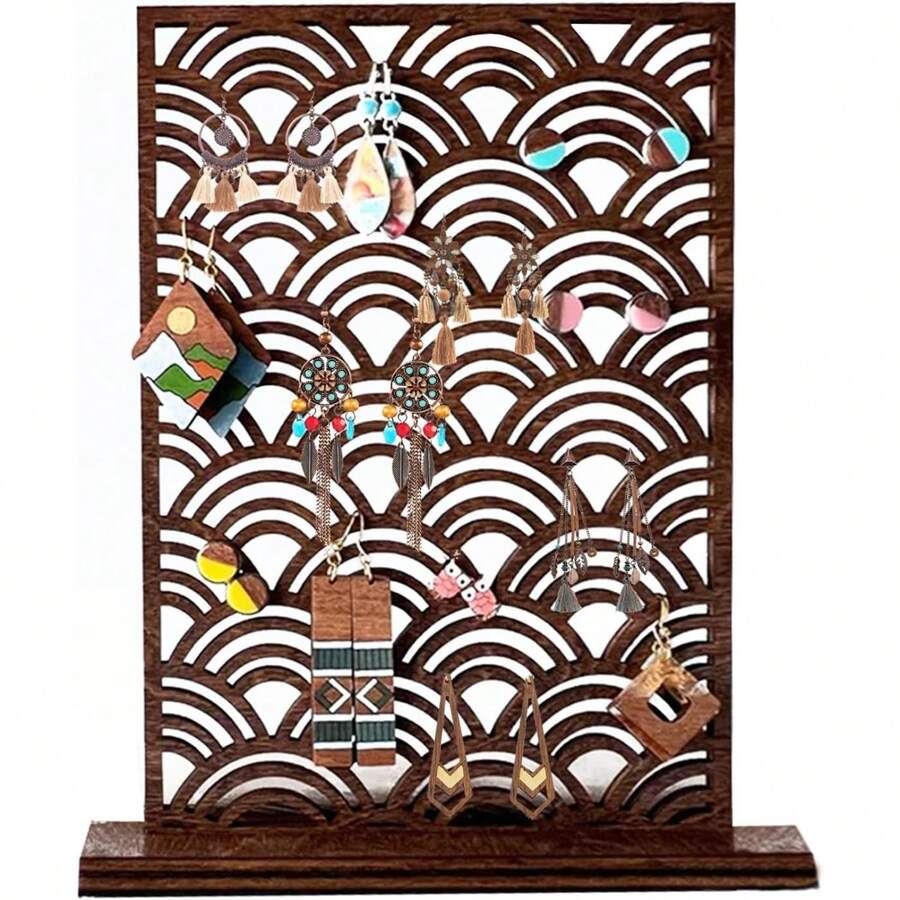 Wave-Design Wooden Earring Display Stand, 100-Hole Earring Organizer With Sturdy Base, Practical For Home Use And In-Store Display - Brown - View 1