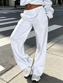 Women Wide Leg Sweatpants Grey Autumn Back To School Daily Commute Sports Casual Versatile Long Pants Winter - Light Grey - View 1