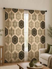 2PCS, Bohemian Hexagonal Floral Curtains, Vintage Mandala Tile Pattern Window Fabric, Pastoral Bohemian Style Living Room Bedroom Kitchen Decor - Multicolor - View 2