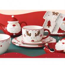 Assorted Christmas Pattern Nordic Style Stitched Santa Claus Bowl And Plate Tableware Set, With Embossed Sealed Jars, Seasoning Jars, Western Ceramic Flat Plates, Cups, Christmas Gift Tableware Set, Home Decor, Kitchen, Christmas Gift - Multicolor - View 6