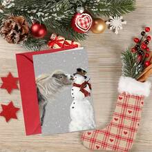 1 Greeting Card + 1 Envelope Adorable Winter Holiday Greeting Card Horse Kissing Snowman With Text Season Greetings For Friends Winter Festive Artistic Style Card - Red Envelope - View 8