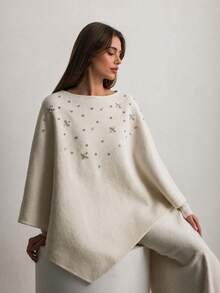 Vuslat Women's Autumn French Style Cream White Heavy Rhinestone & Beaded Cape Top, Scattered Floral Rhinestone & Beaded Design, Asymmetrical Triangular Hemline, Suitable For Evening Party, Wedding Guest, Holiday Party, Elegant Date, Light Business Commute, Streetwear - Apricot - View 3
