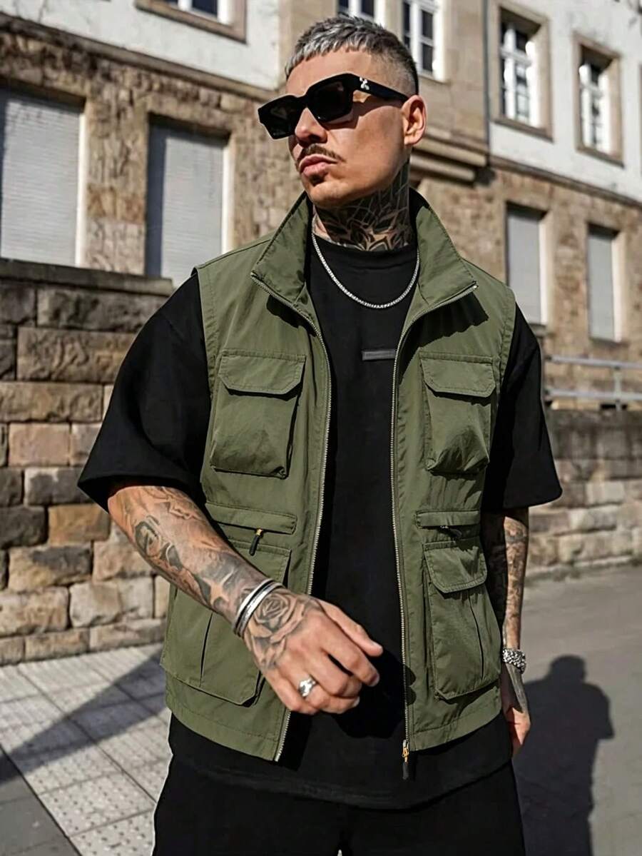 Men's Spring/Autumn Lightweight Outdoor Workwear Multi-Pocket Tactical Vest Jacket - Army Green - View 1