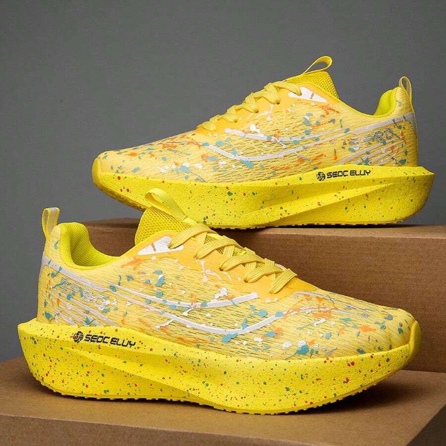 Unisex Carbon Plate Marathon Running Shoes - Lightweight Cushioned Sports Shoes, Non-Slip Cushioning/Rubber Outsole, Easy On/Off, Reflective Low-Top Breathable Design, Suitable For Marathon, Gym And Training Scenarios, All Seasons - Yellow - View 1