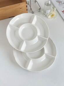 1 pieza Plato de cerámica con encaje vintage europeo de 5 compartimentos, bandeja para aperitivos con cuenco central para salsas, bandeja dividida para servir aperitivos, frutos secos y frutas para uso doméstico - Blanco - Ver 11