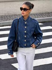 Camellia Spring/Summer New European And American Fashion Minimalist Gold-Plated Button Denim Jacket For Women Casual - Blue - View 1