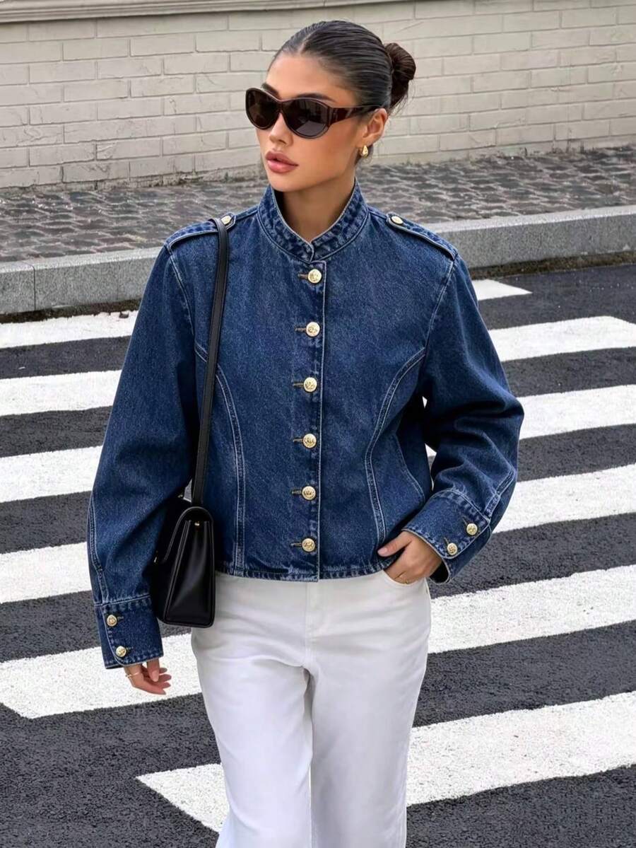 Camellia Spring/Summer New European And American Fashion Minimalist Gold-Plated Button Denim Jacket For Women Casual - Blue - View 1