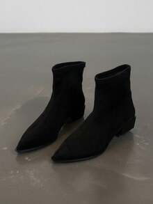 Versatile Comfortable Pointed Toe Chunky Heel Ankle Boots, Plus Size Women's Vintage Fashion Boots - Black Suede - View 1