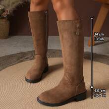 Vintage Brown Suede Women's Knee-High Boots, Double Metal Buckle Straight Leg Riding Boots, Side Zipper Low Heel Calf Boots - Brown - View 9