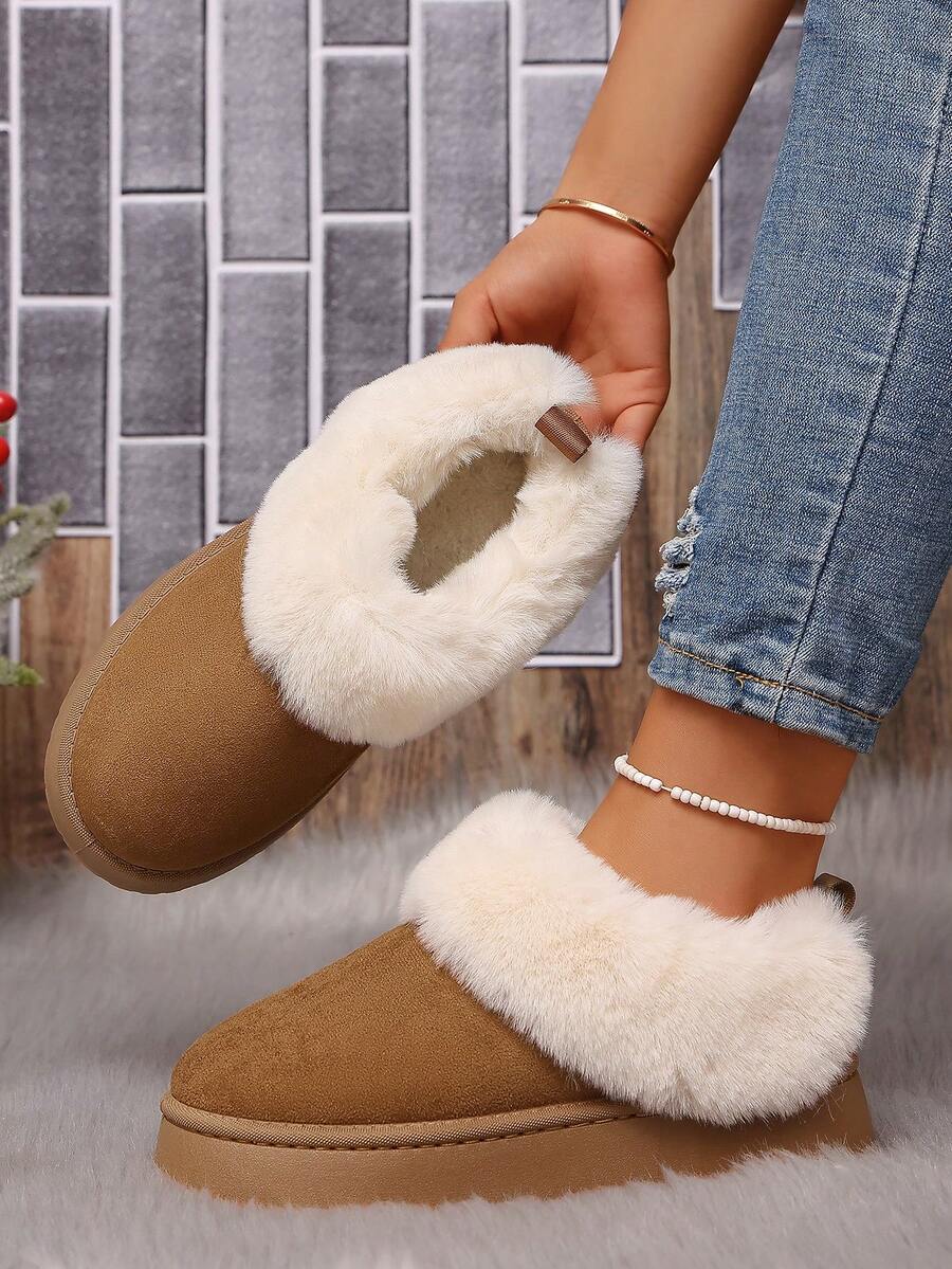 Women's Faux Fur Trim Slip-On Snow Boots, Winter Thermal Lined Thick Sole Anti-Slip Casual Winter Shoes - Brown - View 1