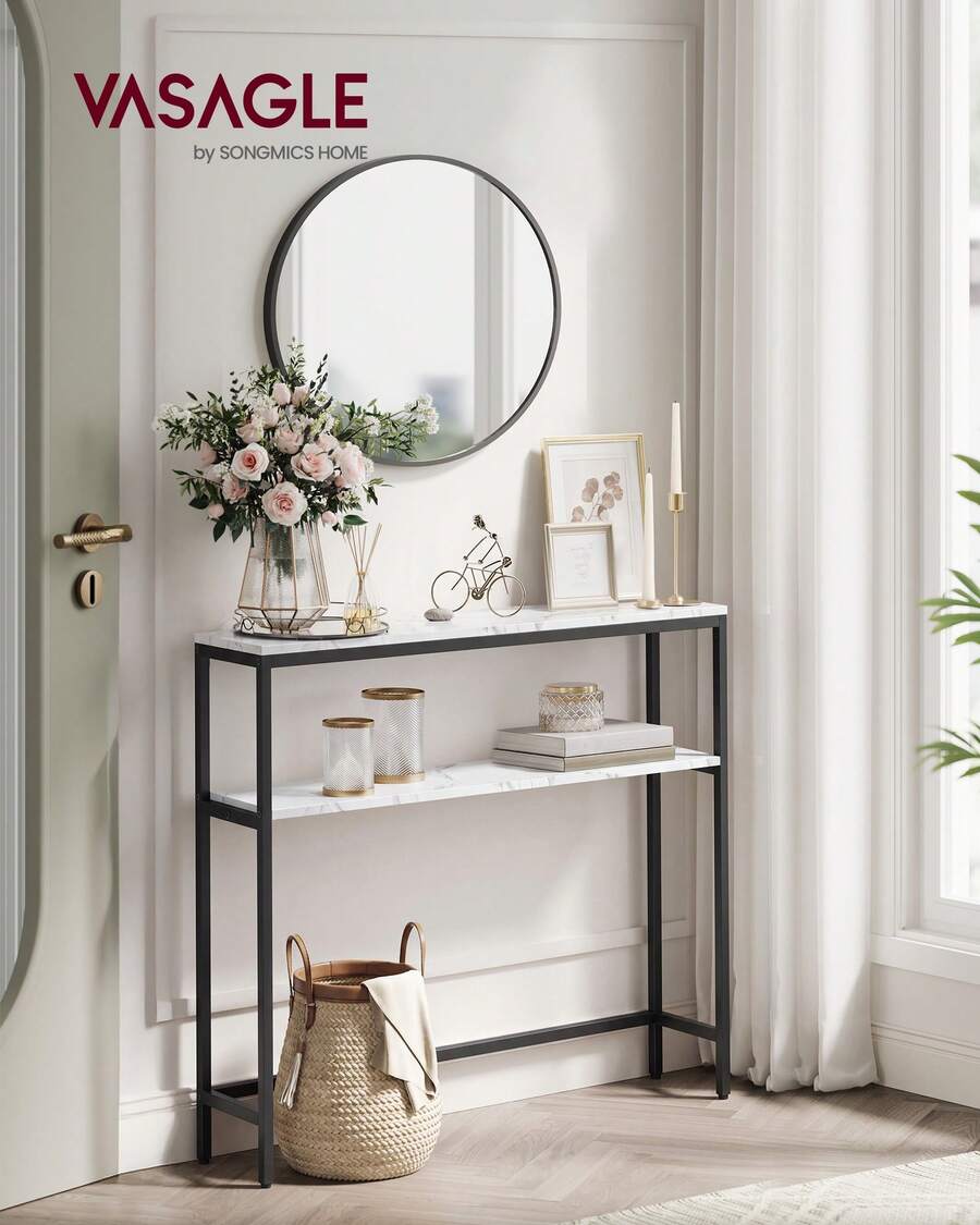 SONGMICS Tavolo Consolle, 80 x 20 x 80,5 cm, Tavolino Stretto con 2 Ripiani - Bianco Jazz - Visualizzare 1