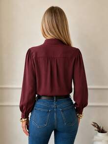 Women's Elegant Solid Color Casual Commute Single-Breasted Notched Collar Long Sleeve Blouse - Redwood - View 2