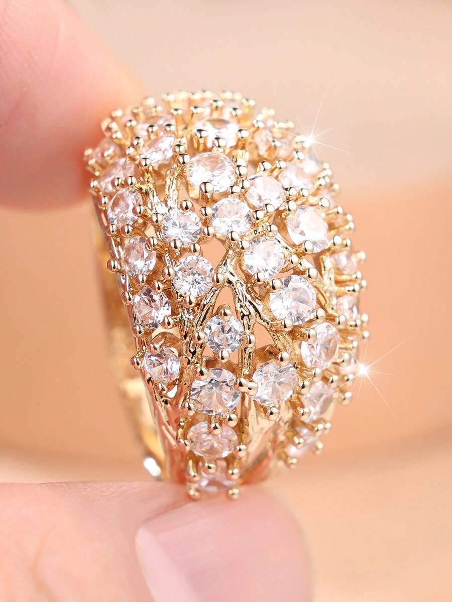 1 Exquisite Full- Zirconia Tree-Branch Openwork Design Women's Ring-A Glamorous, Eye-Catching Accessory For Evening Events - Yellow Gold - View 1