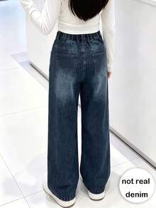 Girls' Casual Fashion Bow Print Elastic Waist Straight Leg Pants, Versatile For Daily Wear And Outings, Spring/Autumn - Dark Wash - View 2