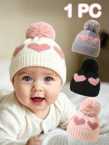 1pc Baby Girl Newborn Toddler Pom-Pom Heart Beanie Hat Earflap Hat,Cozy Knit Winter Warm Heart Cute Hat For Kids, Outdoor Baby Accessories Bonnet - Multicolor - View 1