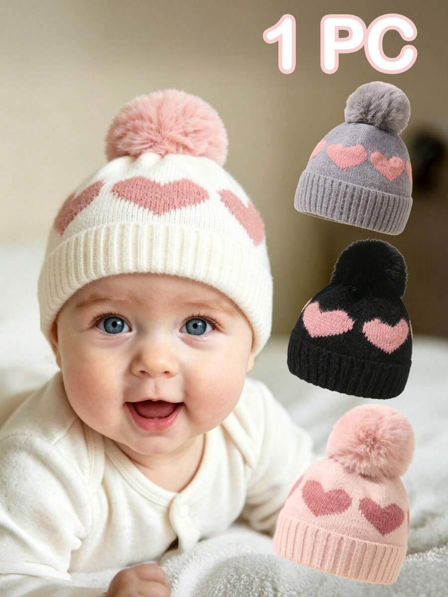 1pc Baby Girl Newborn Toddler Pom-Pom Heart Beanie Hat Earflap Hat,Cozy Knit Winter Warm Heart Cute Hat For Kids, Outdoor Baby Accessories Bonnet - Multicolor - View 1