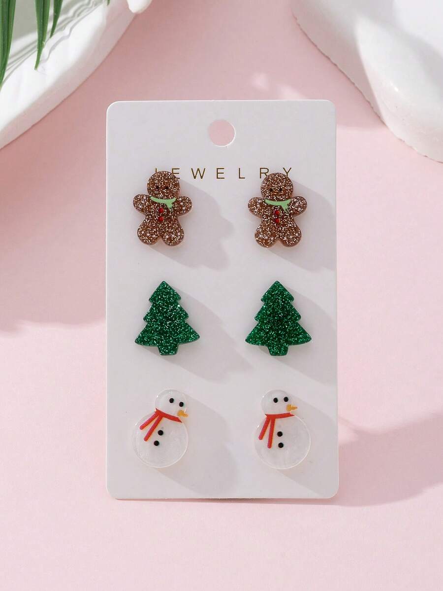 3對/組壓克力聖誕亮面薑餅人、聖誕樹、雪人設計女款時尚耳釘耳環套組,節日派對完美禮物 - 彩色 - 查看 1