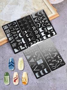 5件組法式塗鴉花卉圖案不鏽鋼美甲印花鋼板 DIY美甲工具 - 銀色 - 查看 1