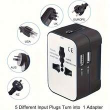 Travel Adapter, Worldwide All In One Universal Travel Adaptor AC Power Plug Adapter Wall Charger With USB-C And USB-A Charging Ports For USA EU UK AUS Black - 黑與白 - 查看 1