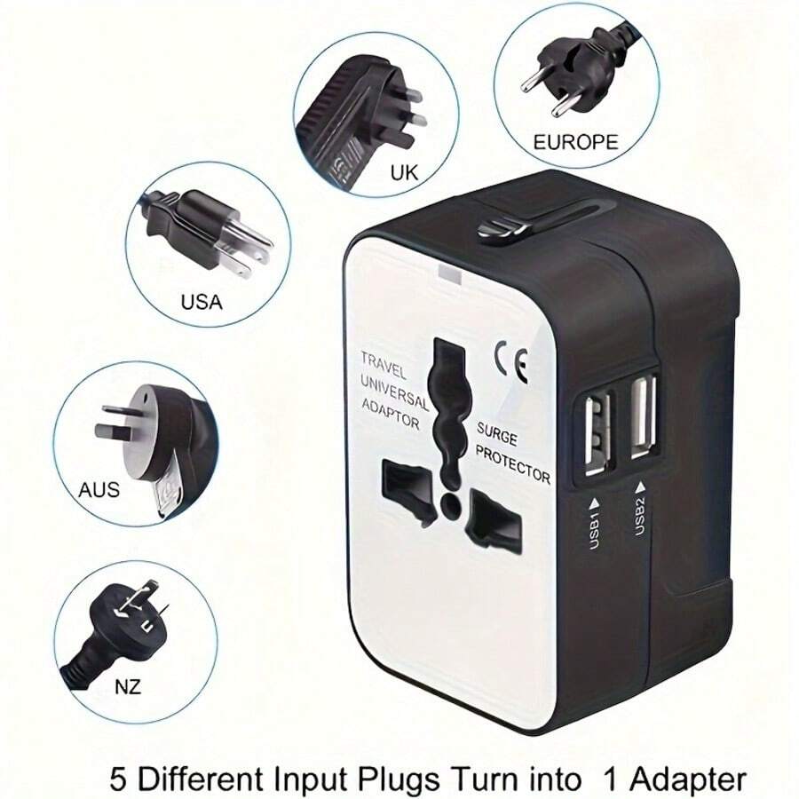 Travel Adapter, Worldwide All In One Universal Travel Adaptor AC Power Plug Adapter Wall Charger With USB-C And USB-A Charging Ports For USA EU UK AUS Black - 黑與白 - 查看 1