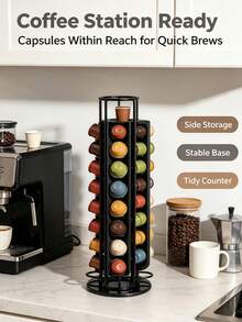 Rotatable Coffee Capsule Storage Rack, Black Metal Coffee Pod Holder, Rust‑Proof Coffee Capsule Organizer, Practical Accessory For Home Kitchen Coffee Bar, Holds Multiple Types Of Coffee Pods, Perfect For Daily Coffee Preparation - Black - View 3