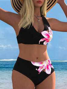 WaveBikini High Waist Bikini Set Quick Dry Halter V‑Neck Lily Floral Print Swimwear For Women Beach Pool Vacation Bathing Suit - Multicolor - View 6