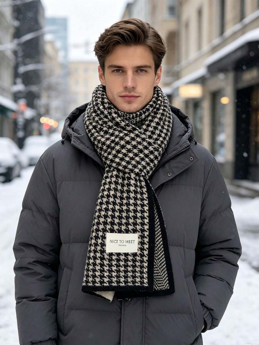 1pc Men's Houndstooth Plaid Knit Scarf, Thick Warm Reversible Wear, Winter Business Commute Daily Fashion Accessory - Multicolor - View 1