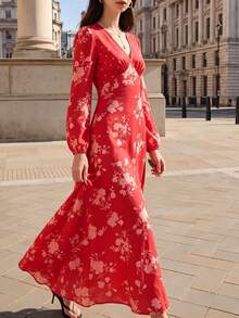 Fall Women Floral Midi Dress, V‑Neck Long Puff Sleeve Flowy A‑Line Printed Long Dress - Red - View 9