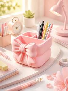 1 Pc Bowknot Decorative Desktop Storage Box, Pink Girlish Heart Remote Control Holder, Bedside Makeup Organizer, Multi-Purpose Storage For Home, Living Room, Bedroom, Bathroom, Dining Room, Christmas Gift Choice. - Multicolor - View 4