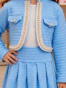 Conjunto Feminino Infantil Juvenil Saia e Bolero Luxo Perolas Festa Casamento Premium Moda Blogueira - Azul - Visão 2