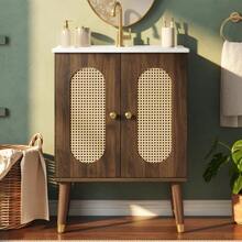 61cm Freestanding Bathroom Cabinet With Breathable Rattan Doors, Fixed Shelves & Large Storage Space Under Ceramic Washbasin, Faucet Not Included - 核桃 - 查看 5