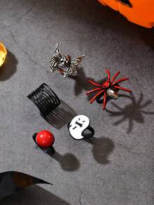 5pcs Halloween Dark Style Funny Ghost Skeleton Red Bead Rings Set, Women's Holiday Celebration Party Ball Ring Set - Multicolor - View 5