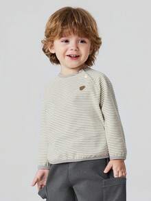 mini bala Boys & Girls Long Sleeve Striped T‑Shirt, Soft Raglan Sleeve Baby Basic Top, 2026 Fall Must‑Have - White Grey Tone - View 3