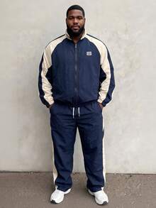 Plus Size Men's Retro Street Colorblock Turn-Down Collar Jacket Set, College Style, Suitable For Casual Outings, Minimalist Men's Essential Jacket Baseball Jacket With Contrast Color Elastic Drawstring Pants, Men's Essential Outerwear Set - Navy Blue - View 1