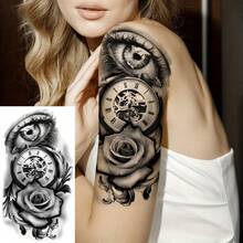 8 Sheets Realistic Black Rose Temporary Tattoos Waterproof Long Lasting Fake Body Art Monochrome Floral Designs For Half Arm, Leg, Back, Face, Thigh For Women, Men, - Multicolor - View 7