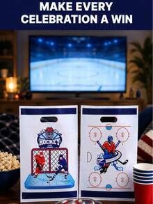 5 piezas/10 piezas Bolsas de regalo de hockey con asas recortadas, empaque de recuerdos de fiesta con estampado de jugador de pista de hielo y disco de hockey para cumpleaños, eventos de equipo, torneos, día de juego y suministros para celebraciones - Multicolor - Ver 7