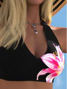 WaveBikini High Waist Bikini Set Quick Dry Halter V‑Neck Lily Floral Print Swimwear For Women Beach Pool Vacation Bathing Suit - Multicolor - View 8