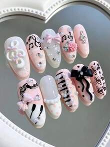 10pcs Cute Music Note Border Romantic Heart Ballet Style Black Ribbon Bow Metal Note Pink Tone Handmade Press-On Nails, Y2K Japanese Acrylic Long Oval Wearable Nail Set - Pink - View 4
