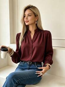 Women's Elegant Solid Color Casual Commute Single-Breasted Notched Collar Long Sleeve Blouse - Redwood - View 3