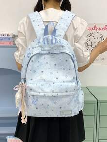 1pc Girls Star Nylon Zipper Closure Fashion Backpack Student School Bag Suitable For All Seasons Daily Use Without Pendant - A - View 3