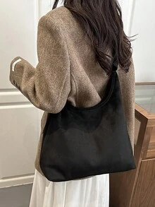 大容量麂皮托特包女款，2026新款韓式風格高級時尚休閒百搭單肩通勤購物包 - 黑色 - 查看 5