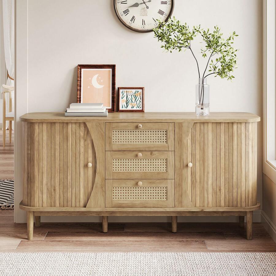 Sideboard With Sliding Doors And Wicker Drawers, Natural Color - Natural - 查看 1